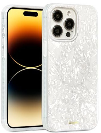 SCORPIFY für iPhone 14 Pro hülle mit weißem Perlen Design [Kompatibel mit Magnetic], süße, transparente, magnetische Telefonabdeckung mit Perlmutt Muschel Muster für Frauen, Mädchen und Männer