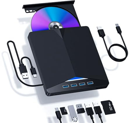 Meryundy Unità DVD esterna CD, USB 3.0/Type-C con 4 porte USB, unità CD/DVD esterna per lettore CD DVD portatile +/-RW, masterizzatore CD ottico per laptop, Mac, PC Windows 11/10/8/7 Linux OS