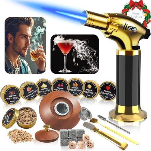 Cocktail Smoker Kit - Whiskey Smoker Kit with Torch,8 Flavors Wood Chips for Whiskey and Bourbon,Old Fashioned Smoker Set for Infused Cocktail,Cheese and Meats,Gifts for Men,Dad,Husband (NO Butane)