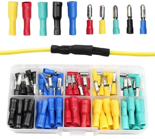 100Pcs Electrical Connectors, Insulated Male Female Bullet Wire Connectors, Quick Splice Butt Crimp Terminals, Wire Cable Connectors for Auto Audio Wiring (five-colour, Straight, Crimp Connectors)