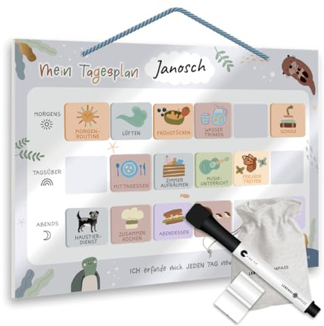 Lebenskompass® Tagesplaner Kinder Blau - Abwischbarer Tagesplaner mit Aufhängeband - Whiteboard-Tafel für Kinder zur Tagesstruktur und Selbstorganisation