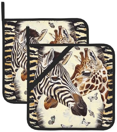 Zebra and Giraffe Printed Pot Holders 1 Pair, Non-slip Heat Resistant Potholders for Kitchen Cooking Baking Grilling