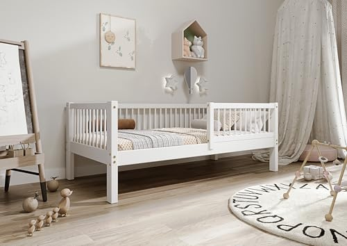 TIMBEE - Alfi - Kinderbett 70x140 cm - Bett Weiß - Einzelbett für Kinder mit Lattenrost und Rausfallschutz Abnehmbar - Hohe Beine - Belastbar bis 100 kg - aus Kiefernholz Klasse 1