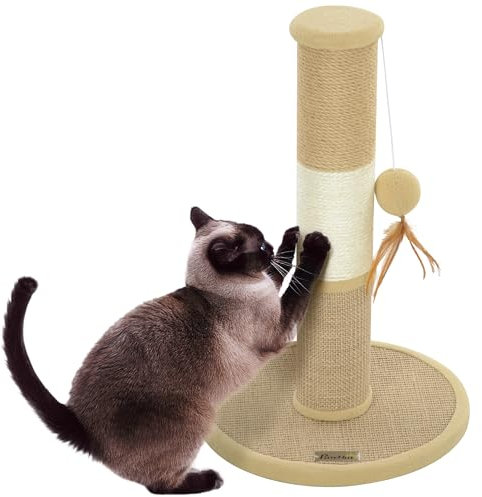 PawHut Cat Scratching Post for Indoor Cats, 47cm Tall Cat Scratcher with Jute Sisal Rope, Hessian fabric, Hanging Toy Ball, Feather, Kitty Climbing Tree with Anti-slip Base, Brown