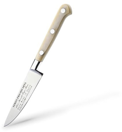 Cuchillo Puntilla Profesional Simón PRO Micarta | Hoja Fina 10 cm en Acero Forjado | Mango Ergonómico de Micarta de Lino Marfil | Funda de Piel Negra | Ideal para Pelar, Trocear y Gajar Patatas