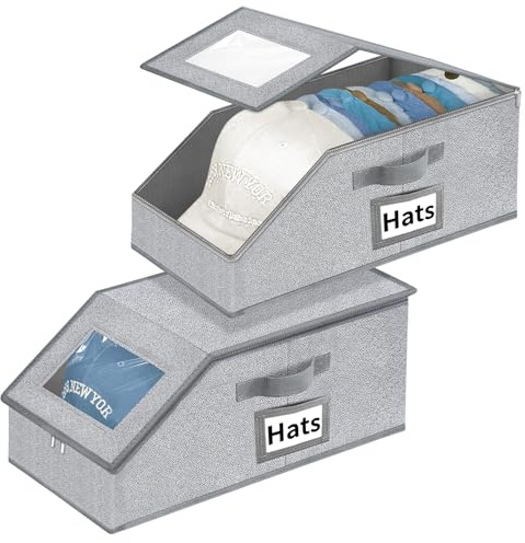 Aokeyee Hat Organizer for Baseball Caps - 2PCS Stackable Storage with Clear Window Lid, Flip-Top Access, Space-Saving Hat Box for Closet, Breathable Fabric (Grey)