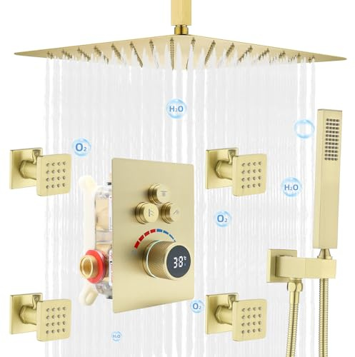 Delnet Digital Display Rain Shower Mixer Set-12 Ceiling Mounted, Concealed 3 Way Outlet LED Digital Display Shower Valve, Can Use All Options at A Time, Brushed Gold