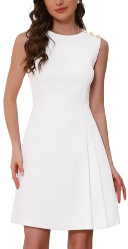 Allegra K Women Tweed Sleeveless Crew Neck Side Pleated A-Line Dress | Fully lined with button shoulder. Side hem detail. Suitable for office, business, evening events.