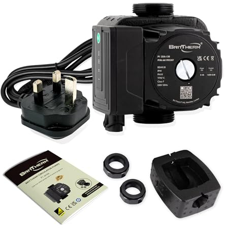 BritTherm P1 25/6-130 A-Rated Central Heating Circulating Pump | 6m Head, 3.7 m3/h Max Flow, EEI <0.20 | Auto/Night Modes, 130mm Port-to-Port, 1 1/2 Connections