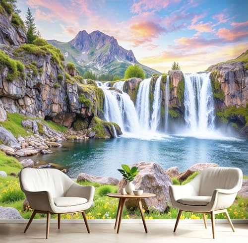 Lago Cascada Papel Tapiz Fotográfico Efecto 3D, Paisaje Natural Papel Pintado Sage Green Fotografía Mural, 350X256Cm Pared Pintado Fotomural Dormitorio Sala Mural Decoración