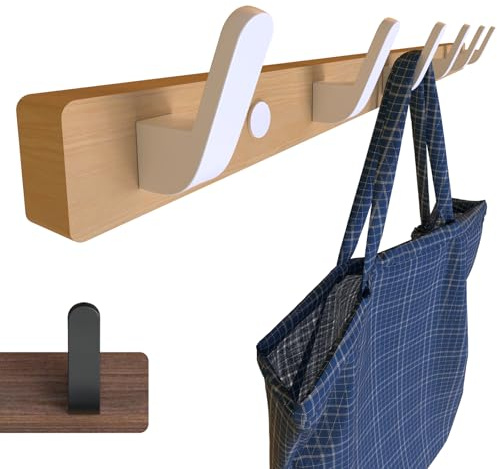 SunVFaFa Kleiderhaken Wand, Garderobenhaken Weiß 55cm, Garderobenleiste Holz mit 6 Metall Haken, Wandgarderobe, Wandhaken Garderobe, Hakenleiste Hängegarderobe – Buche, Aluminium