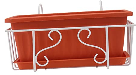 Milisten Rectangular Railing Hanging Flowerpot with Plastic Flower Trough and Tray Small Brick Red Balcony Planter Box with White Frame Garden Pot for Indoor Outdoor Planting and Home