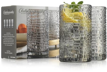 Glaver's Highball Glasses Set of 4 Smoke Drinking Glasses, 15 Ounce Crackle Textured Newly Designed Patent Glassware Heavy Bar Home Party Decor Black Kitchen Glasses, Water Juice Cocktails