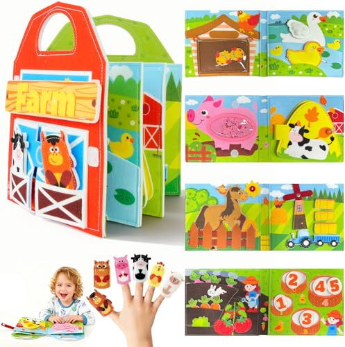 Fayavoo Montessori Busy Board ab 1 Jahr, Bauernhof Filz Quiet Book mit 3D Fingerpuppen, Lernspielzeug zur Förderung der Feinmotorik für Kleinkinder 1 2 3 Jahre, Reisespielzeug & Geschenk
