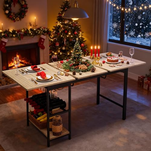 ARTETHYS Dining Table, 110-150cm Extendable Dining Table with Wine Rack and Storage Shelf for 4-6 People, Large Kitchen Dinner Table with Wine Glass Holder for Restaurant Home, Oak