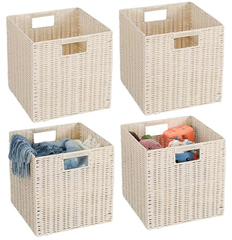 TAIMEI&G02 4er-Set Kallax Expedit Regal Korb/Kallax Korb Geflochten / 30,5 x 30,5 x 30,5H cm/Plastik Regalkorb/Faltkorb Flechtkorb/Regalbox Storage Box/Aufbewahrungskorb Regalkorb Faltbar, lvory