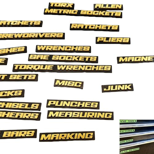 38 st magnetiska etiketter för verktygslådan, 3D-tryckta personliga magnetetiketter, hållbara lätt att klistra och ta bort för garageförvaring, verktygslåda Gold Black
