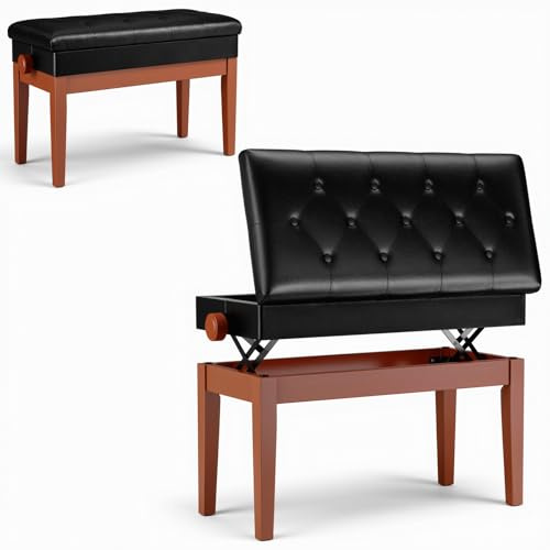 Clevich Doppelte Klavierhocker Höhenverstellbar 48-58CM, Pianobank mit Stauraum, Klavierbank mit PU Lederkissen, Klavierstuhl Heavy Duty, Tastatur Piano Bench bis 200KG Belastbar, Holzfarbe