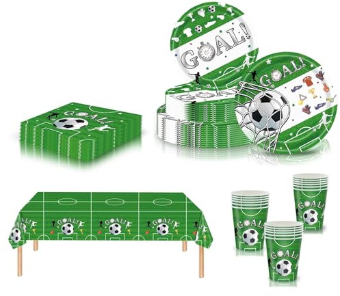 69Pcs Football Party Tableware Set, World Cup Party Decorations-Green Paper Plates (9” & 7”), Paper Cups,Napkins and Plastic Tablecloth for 2026 World Cup Football Sports Birthday Party Supplies