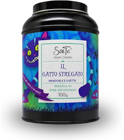 SaiTè Tisane sfuse Il Gatto Stregato 100gr, Tisana con mela, mandorle, cardamomo e frutti rossi, gusto avvolgente e delicato, Tisane regalo - Made in Italy