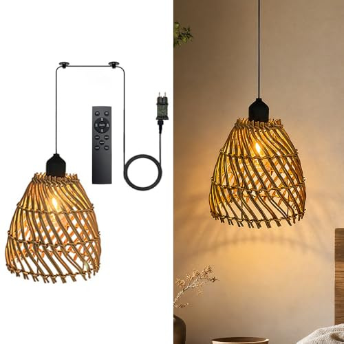 YOFHPT Hängelampe mit Stecker Boho, 5M Rattan Hängelampe Boho, E27 Lampenschirm Hänge-lampe Bo-ho Rattan mit Fernbedienung & 4 Lichtmodi für Wohnzimmer, Schlafzimmer, Garten, Balkon