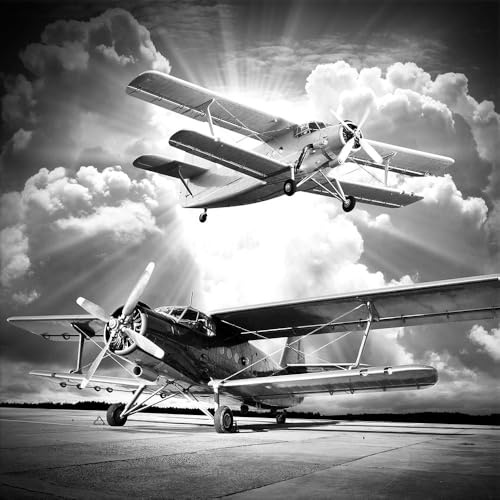 artissimo Glasbild 30x30 cm Vintage Doppeldecker Flugzeuge AG4064A – Bild aus Glas, schwarz-weiß Luftfahrtmotiv, klassisches Wandbild & Wanddeko quadratisch