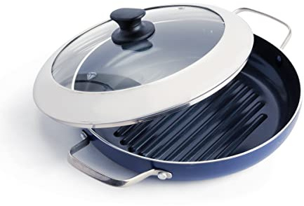 Blue Diamond Cookware Diamond Infused Ceramic Nonstick 28 cm Grill Pan with Glass Lid, PFAS-Free, Grilling, BBQ, Oven Safe, Blue