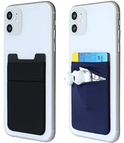 2Pack Adhesive Phone Pocket,Cell Phone Stick On Card Wallet Sleeve,Credit Cards/ID Card Holder(Double Secure) with Sticker for Back of iPhone,Android and All Smartphones-Black&Navy Blue