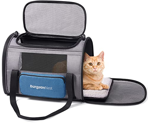 BurgeonNest Cat Carrier for Large Cats 20 lbs,Medium Pet Under 25 lbs,2 Puppy and Small Dogs with Unique Side Bag,Top Load Pet Carrier Soft-Sided Escape Proof with 4 Ventilated Windows
