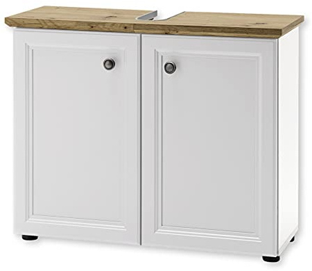 Stella Trading Badezimmer Waschbeckenunterschrank in Artisan Eiche Optik, Weiß - Landhausstil Bad Unterschrank mit viel Stauraum - 84 x 67 x 32 cm (B/H/T)