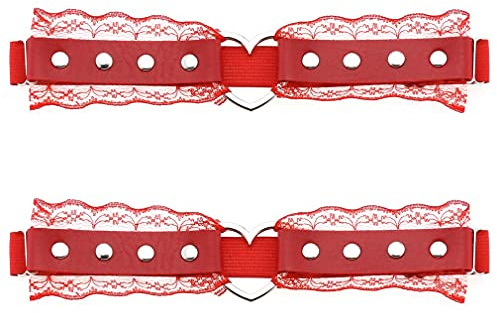 eYLun Frauen Mädchen Leder Herz Strumpfbänder Beinring Gürtel Punk-Nieten Spitze Elastisch Oberschenkel Ring Strumpfbänder Verstellbar, rot, Einheitsgröße