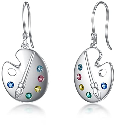 Sterling Silver Paint Palette and Brush Dangle Drop Earrings, Gifts for Painters Artists Women Girls