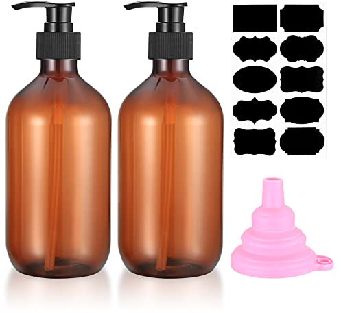 2 Piezas Botellas de Champú Vacías Rellenables, 500ml Botes para Gel y Champu, Dispensador de Jabon de Plástico con Bomba para Jabón Líquido, Champú, Loción - Marrón