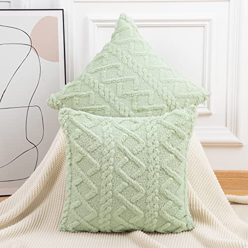 Madizz Juego de 2 Fundas de Almohada de Lana Corta Peluda de Felpa Suave Fundas de Cojines Estampados Funda de Almohada Decorativa para sofá Dormitorio Verde Claro Cuadrado 30 x 30 cm