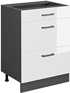Vicco Küchenunterschrank R-Line, Weiß Hochglanz, 60 cm | 3 Schubladen · Ohne Arbeitsplatte · Höhenverstellbare Füße · ✓ Leichter Zugriff · ✓ Frei kombinierbar
