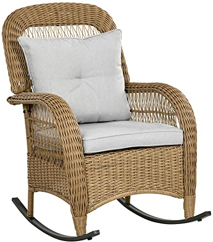 Outsunny Rattan Schaukelstuhl mit Kissen Loungemöbel Gelb 69 x 92 x 100 cm