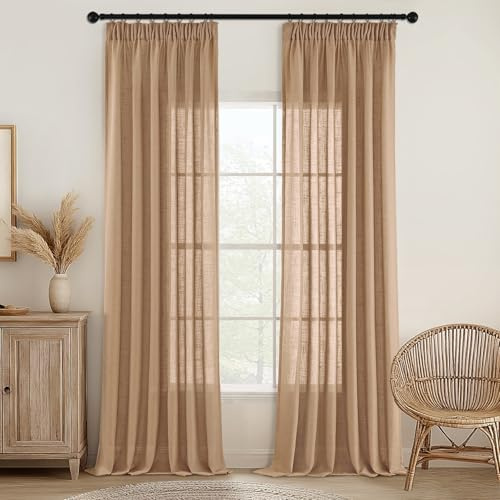 MIULEE Gardinen mit Kräuselband Leinen Vorhang 2er Set Braun 245x140 cm | Halbtransparent Leinenoptik Schiebevorhang, Modern Voile Vorhänge für Wohnzimmer Schlafzimmer
