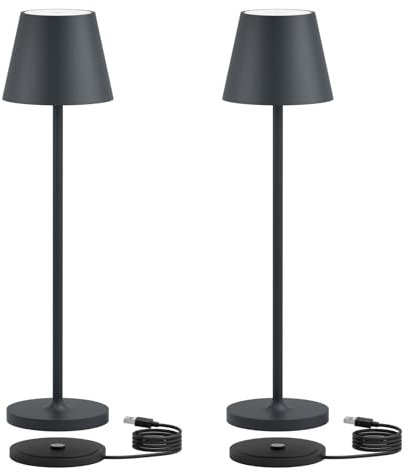 K-Bright 2 Stück 27.5cm led tischlampe | Indoor & Outdoor kleine Akku Tischleuchte | Warme Lichtfarbe | IP54 wasserdicht | mini tischleuchte akku mit USB Ladestation | Anthrazit