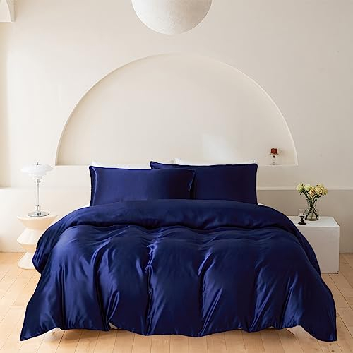 Wotcsil Ensemble de Housse de Couette Satin de Soie 220x240 Bleu Literie Satin Parure de Lit Unie Ensembles de Literie Linge de Lit en Satin Literie de Luxe Unie Polyester Satiné Brillant