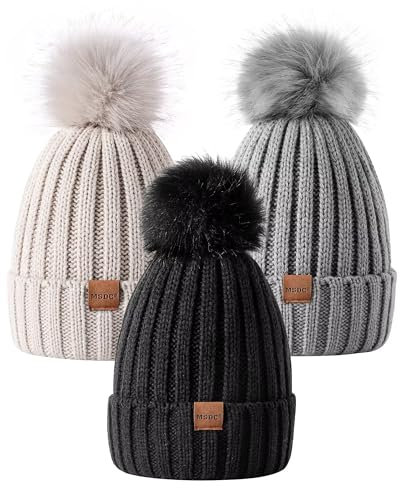 MSDC Beanie Mütze Damen mit Bommel 3 Stück, Mütze Damen Winter Modisch Gestrickte Warme Totenkopfmütze, Mütze Damen für Kaltes Wetter(Schwarz+Beige+Grau)