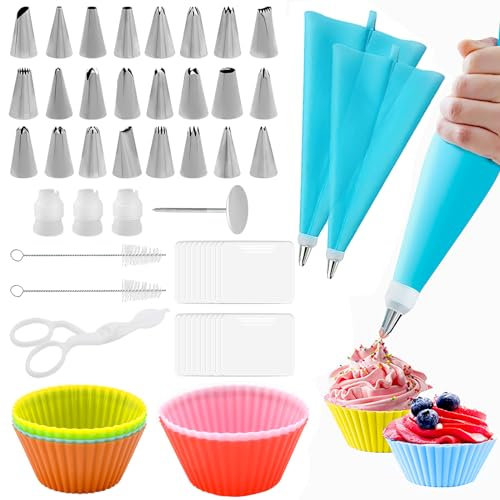 HENGBIRD Manga pastelera con boquillas, 39 piezas, manga pastelera de silicona reutilizable, boquillas de acero inoxidable con embrague, bolsas para decorar pasteles para tartas, decoración de