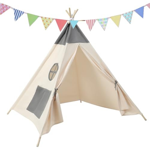 Camiraft Kinder Tipi Zelt,Beige+Grau klassisches indisches Spielzelt für Kinder,faltbares Spielhaus für drinnen oder draußen,Kinderzelte aus für Mädchen und Jungen mit Tragetasche,Polyester