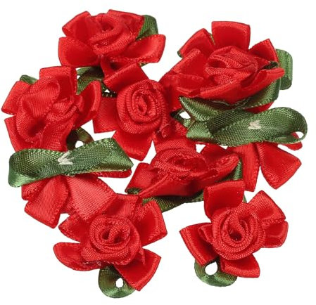 PATIKIL Mini Rose di Nastro di Raso, 20 Pezzi Piccole Rose di Tessuto con Foglie Verdi per Progetti di Artigianato, Decorazioni, Applicazioni, Rosso