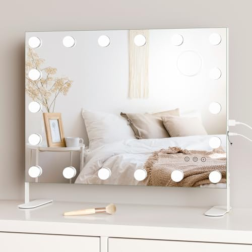 Dripex Hollywood Schminktischspiegel mit 18 Lampen, Spiegel mit Beleuchtung, Abnehmbare Basis, Vertikal oder Horizontal Installtion, 3 Farbtemperatur Licht, Touch Steuerung, 58 x 49 x 18 cm