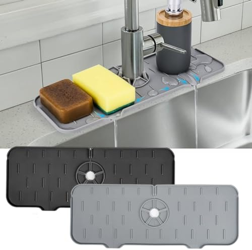 2 Unidades Alfombrilla Fregadero Cocina | Estera de Secado de Silicona Protector Encimera y Escurridor de Estropajos Cubre Salpicaduras Alfombrillas de Goma para Drenaje | Gris y Negro