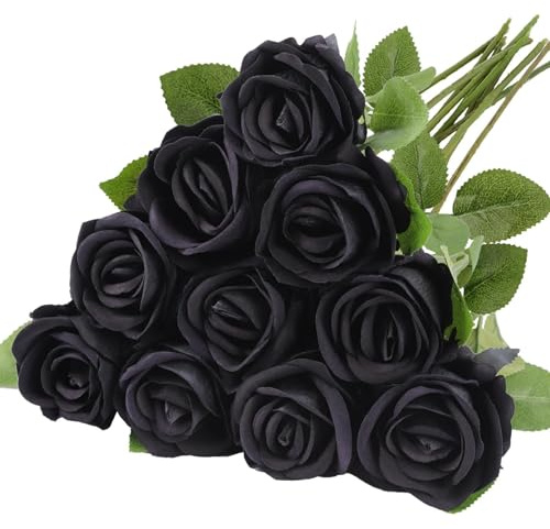 10pcs Artificial Roses Silk Realistic Single Long Stem Faux Roses, Black | Lifelike Rose DIY Craft Flower, Rose Bridal Bouqets for Wedding Birthday Party Arrangment Home Decor, Valentine's Day