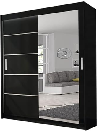 Lyon Modern Mirrored Sliding Door Wardrobe – Space Saving Bedroom Furniture with Mirror Doors, Shelves & Hanging Rails, Clothes Storage (Black, 120)