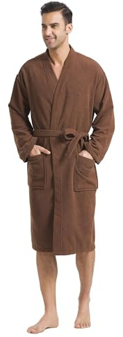 FashGudim Frottébadrock för män stor och små kort kimono-badrock superabsorberande spa-badrock vadlång med fickor, BRUN, M