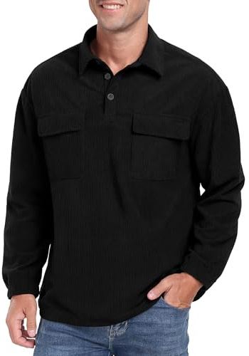 Hisir Chemises à manches longues pour hommes - Sweat-shirt à col polo d'hiver en velours côtelé pour hommes, Noir , M