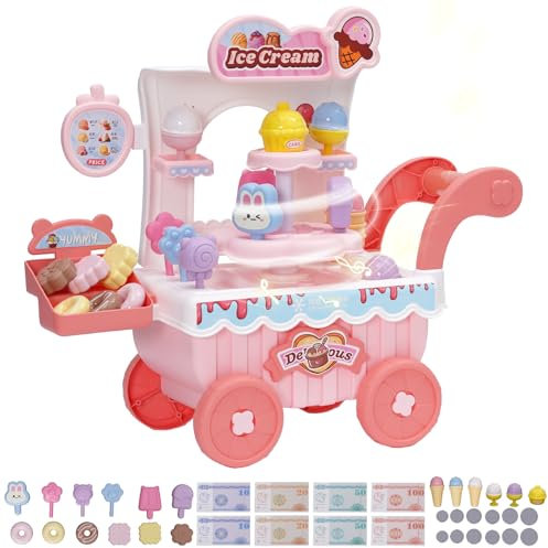 Maycoly Giocattolo Gelato,38pcs Carrello della Spesa per Bambini con Lecca-Lecca,Cioccolato,Gelato,Ciambelle,Musica,Gioco di Ruolo Carrello Giocattolo Playset Educativo per Bambini da 3+ Anni(Rosa)